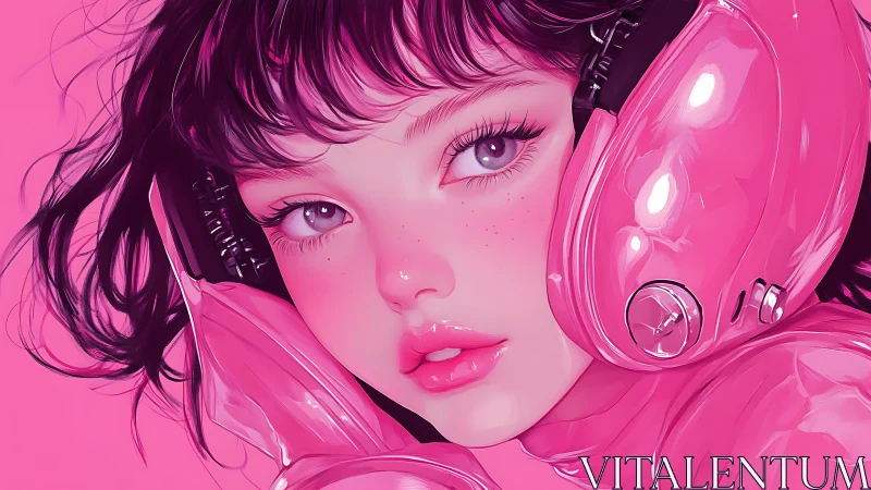 Digital portrait depicts stylized anime teen girl in glossy pink helmet