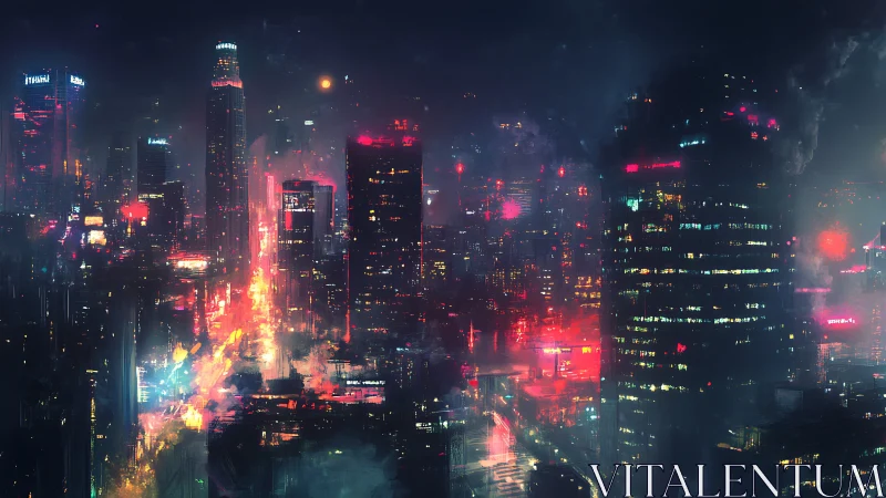 Futuristic neon city skyline at night with dense traffic.