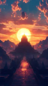 Sunlit temple rises above misty mountains at dusk.