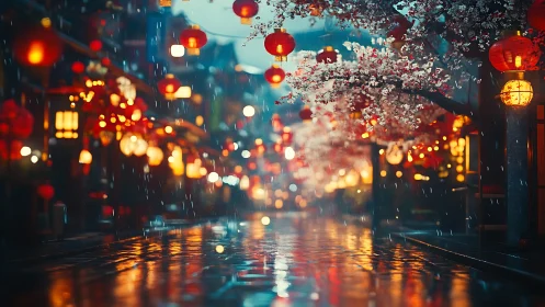 Rain-soaked lantern street uses depth of field and specular bokeh