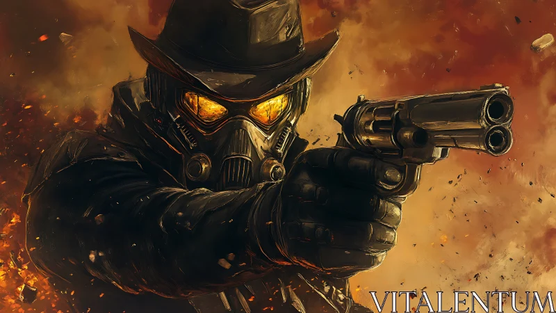 Postapocalyptic gunslinger in mask aims revolver through fire
