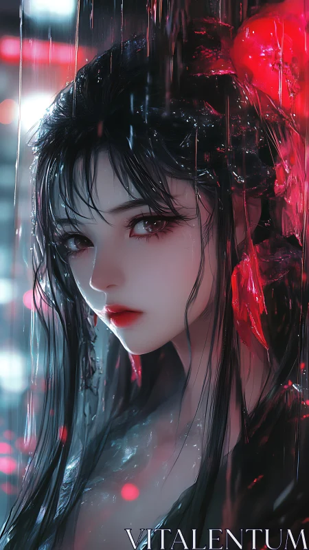 Digital painting portrait with neon rain and reflective highlights.