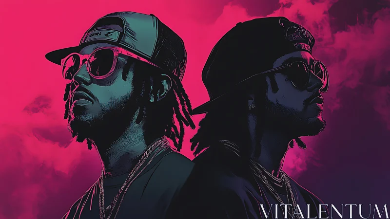 Dual hip hop portraits in neon pink and purple hues.
