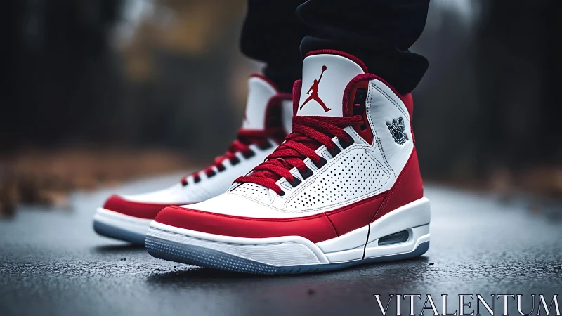 High-contrast red white performance sneakers on wet asphalt surface.