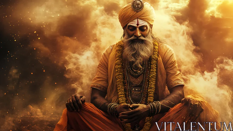 Mystic sage meditates in golden celestial smoke storm.