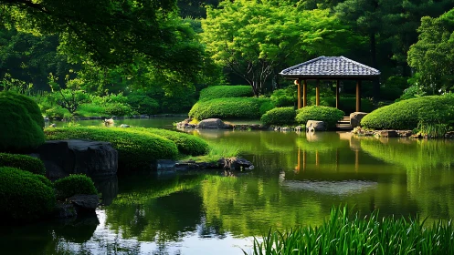 Gentle garden pavilion rests beside a calm reflective pond