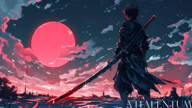 Lone samurai studies blood-red moon above ruined horizon