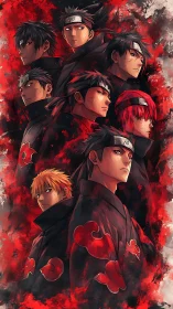 Multiple anime ninjas in black cloaks on red abstract field.