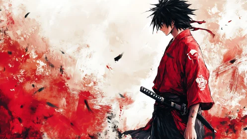 Samurai in red kimono stands against abstract red backdrop