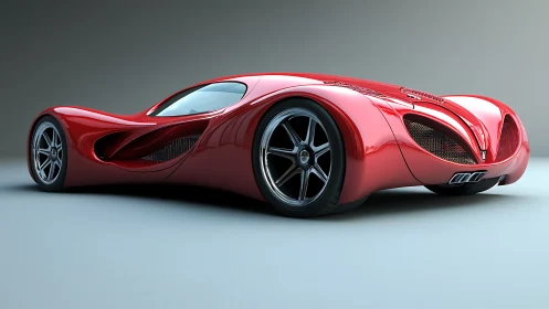 Liquid-sculpted scarlet supercar curling toward tomorrow.