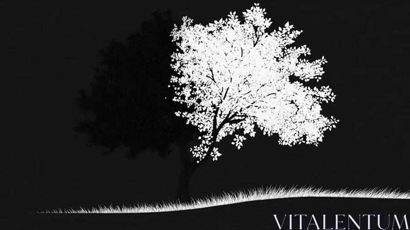 White blossom tree illuminates shadowed twin on dark hill