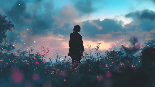 Solitary figure observing luminous dusk meadow in silhouette