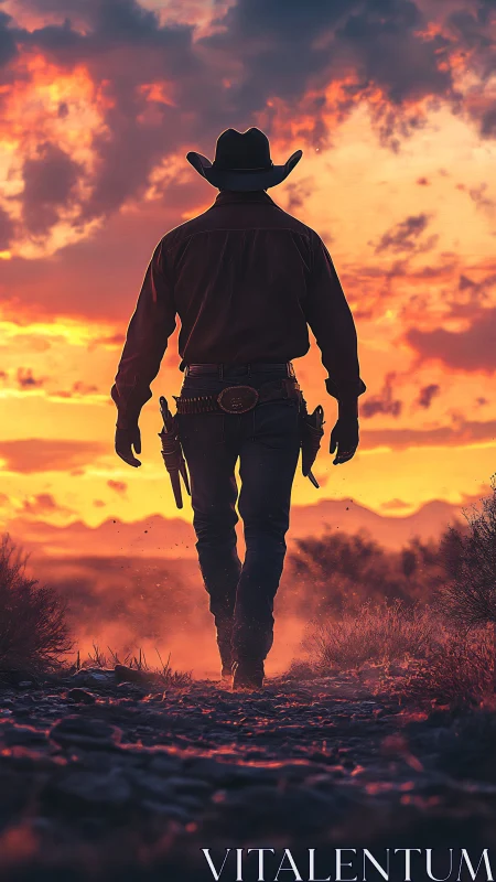 Backlit lone cowboy silhouette walks toward high-saturation sunset