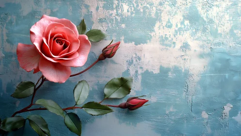 Coral Pink Rose Blooming Against Distressed Turquoise Wall