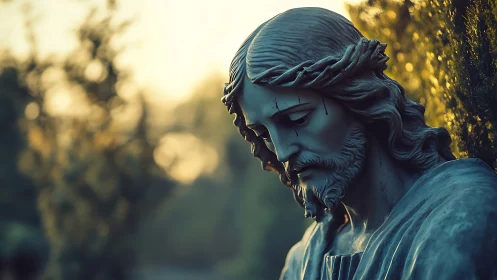 Melancholic Christ sculpture in soft golden sunset light.
