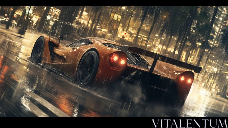 Orange sports car on wet city street in heavy rainfall.