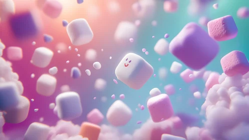 Cute pastel marshmallows floating in dreamy, whimsical 3D art.