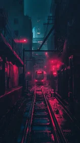 Neon-lit rain corridor with autonomous tram under cyan haze.