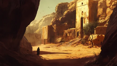 Desert canyon ruins with lone cloaked figure at dusk.