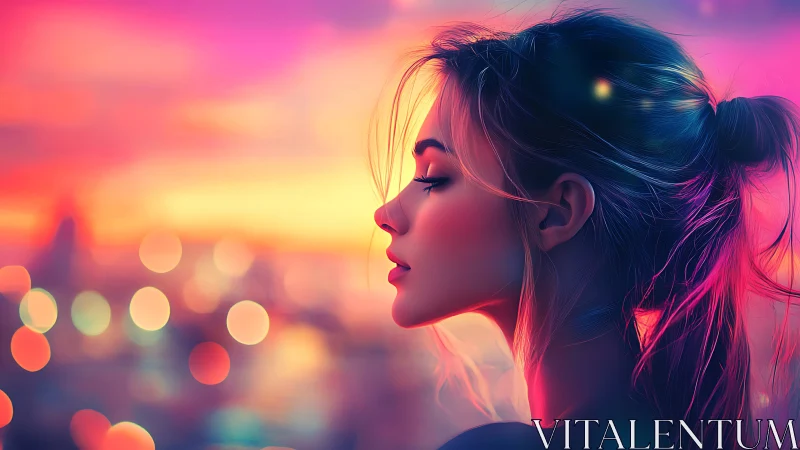 Profile portrait glows against neon sunset city bokeh.