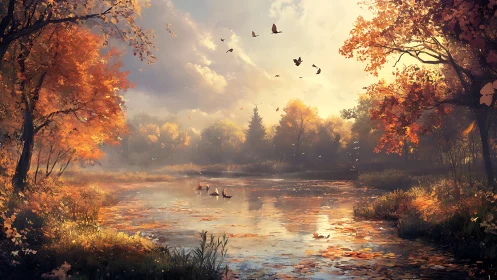 Autumn lakeside panorama in luminous digital painting style.