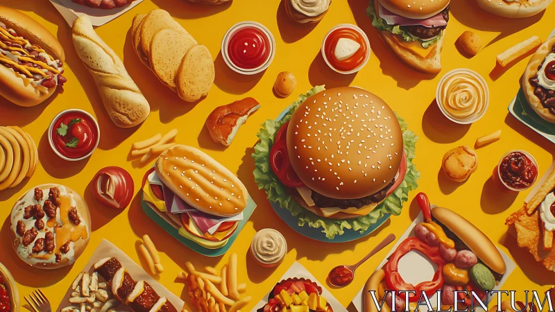 Fast food assortment fills frame with burgers and hot dogs