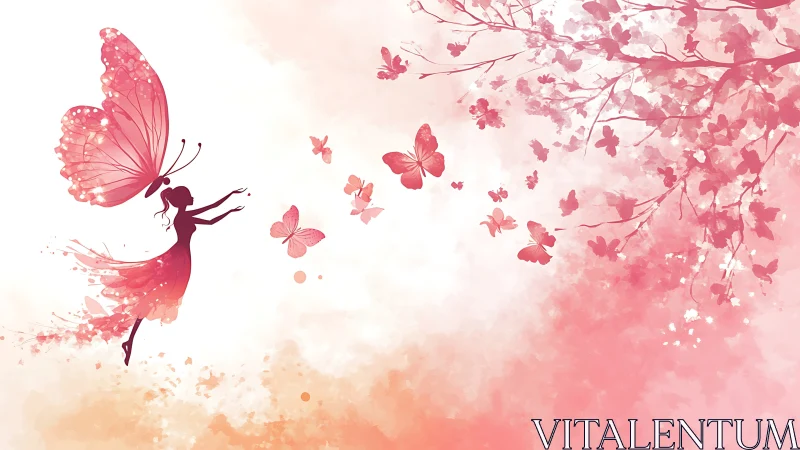 Butterfly-winged fairy glides through soft pink blossoms.