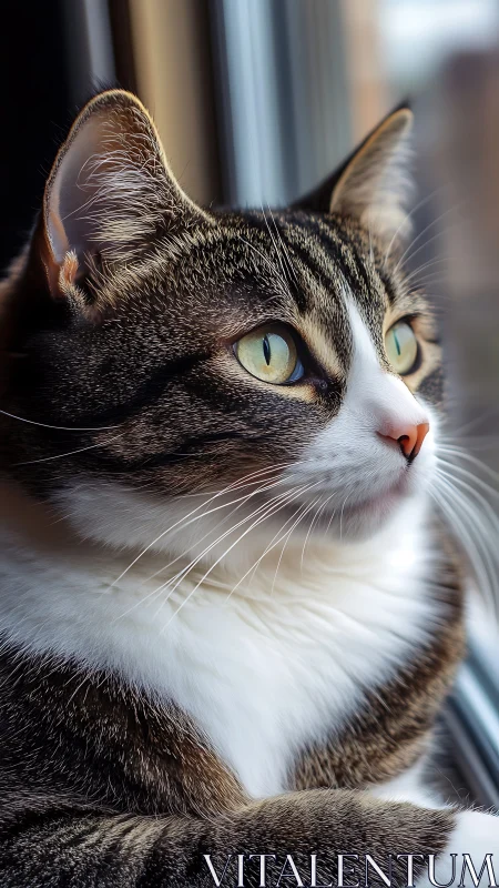 Tabby and White Cat With Striking Green Eyes.