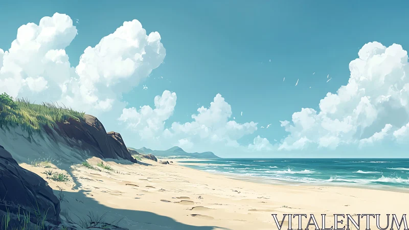 Sunlit shoreline stretches beneath wide, cloud-rich skies