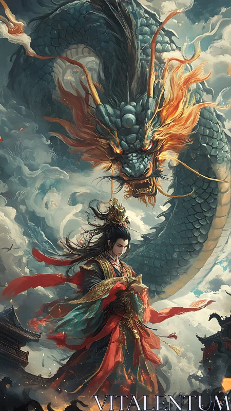 Majestic dragon guards a serene royal sorceress amid storms