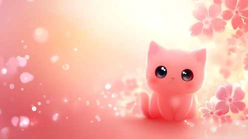 Pink Cat Illustration with Floral Background