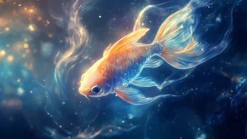 Luminous goldfish drifts through dreamy cosmic waters.