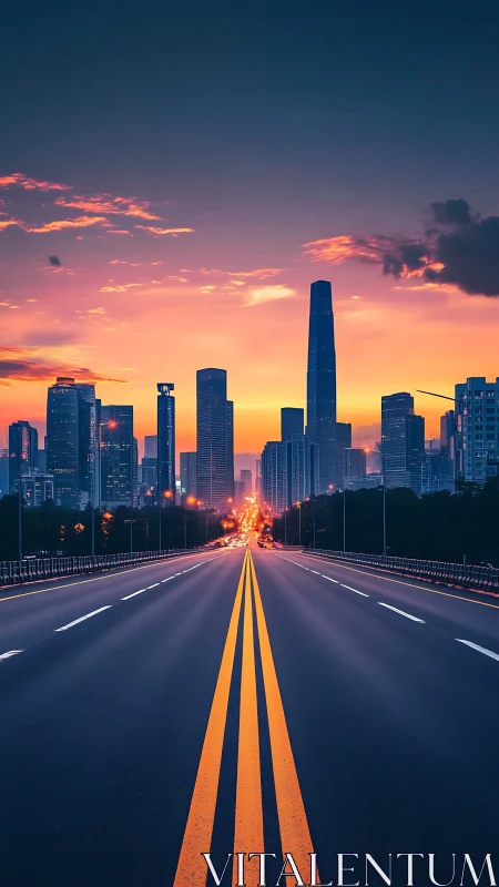 Sunset highway leads into neon-lit modern city skyline.
