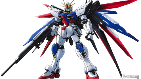 Winged mecha champion poised for luminous orbital battle.