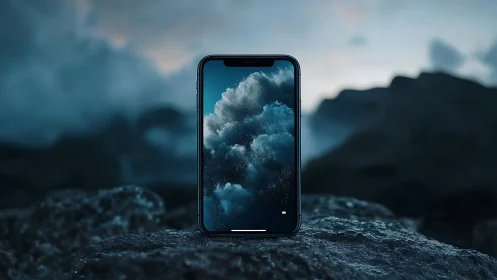 Modern smartphone displaying stormy cloud landscape wallpaper in mountainous terrain.
