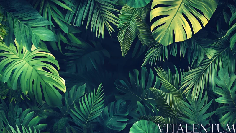 Emerald jungle canopy of layered monstera and palm leaves.