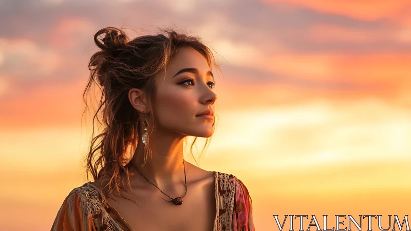 Sunset dreamer gazing softly into glowing evening skies.