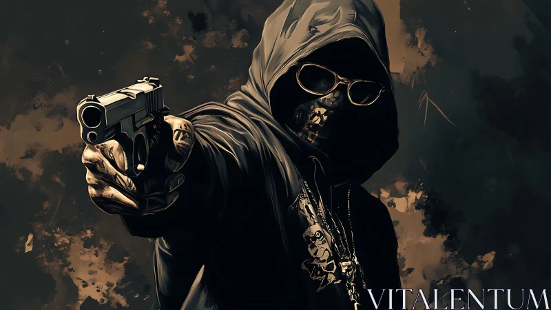 Hooded masked figure aiming handgun in stylized dark portrait