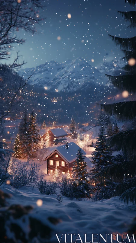 Snowlit alpine village with glowing festive chalets.