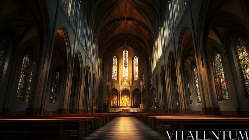 Gothic cathedral interior glows with stained glass light.