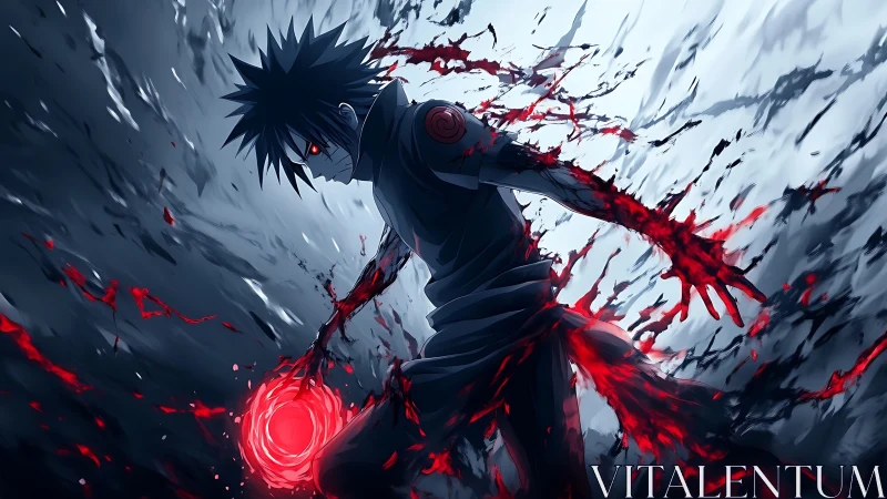 Dark-haired anime fighter with red energy and swirling debris.