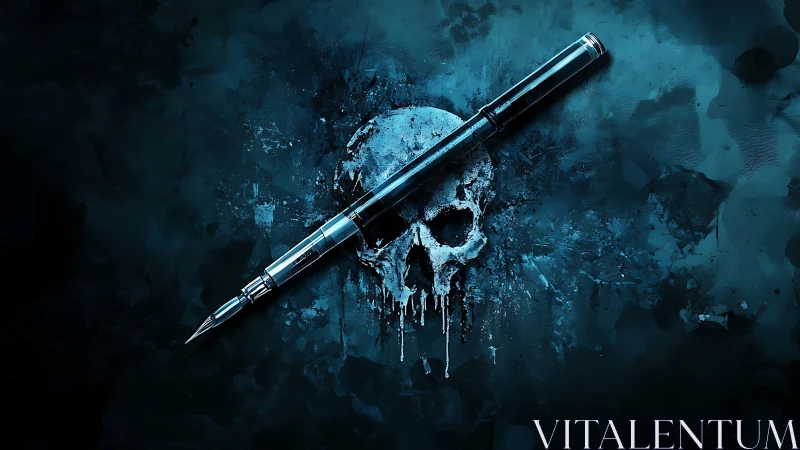 Steel fountain pen pierces a spectral skull in moody blue haze