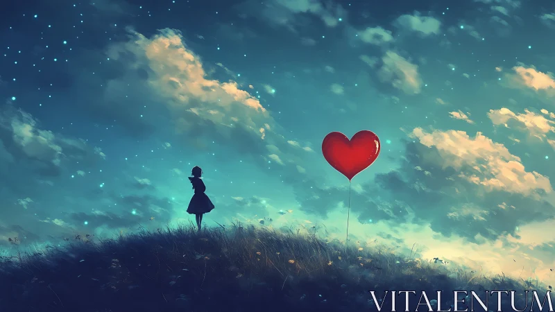 Solitary Figure Holds Red Heart Balloon Against Dreamy Sky