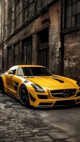 Golden sports car gleaming against a gritty city alleyway.