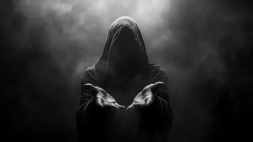 Hooded figure extends open hands amid dense monochrome fog