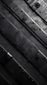 Oblique black steel panels with riveted industrial fasteners