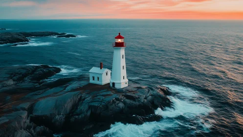 Coastal Lighthouse on Rocky Promontory at Dusk.
