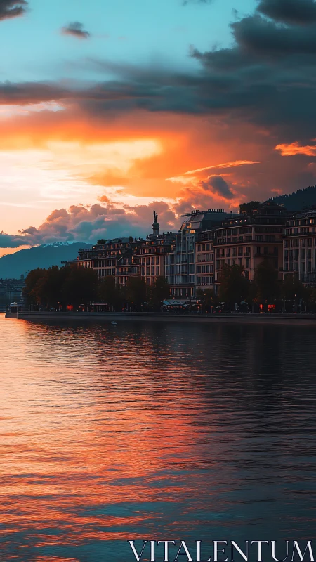 Urban waterfront skyline under vivid sunset clouds period