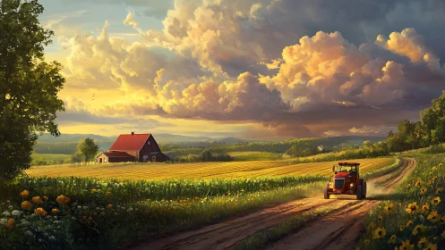 Golden farm road at sunset with a bright red tractor.
