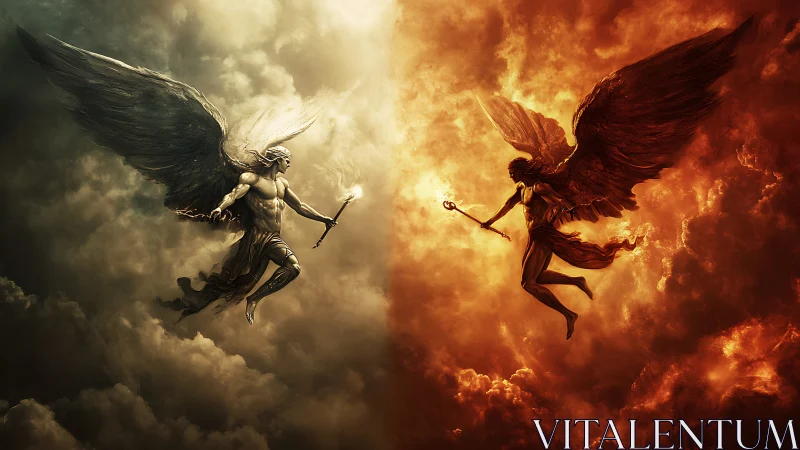 Dual celestial warriors in divided storm-lit atmospheric sky